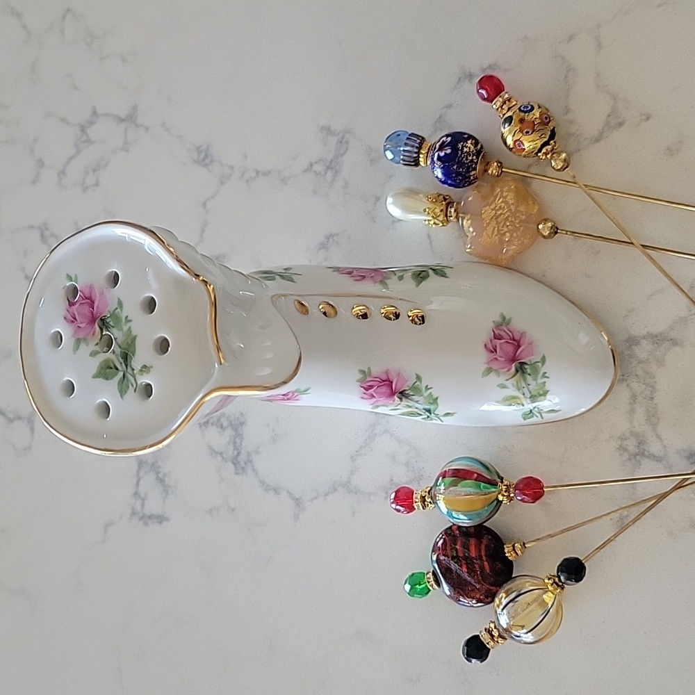 Vintage Porcelain Floral hat pin boot Figurine With 6 Gorgeous Hat Pins